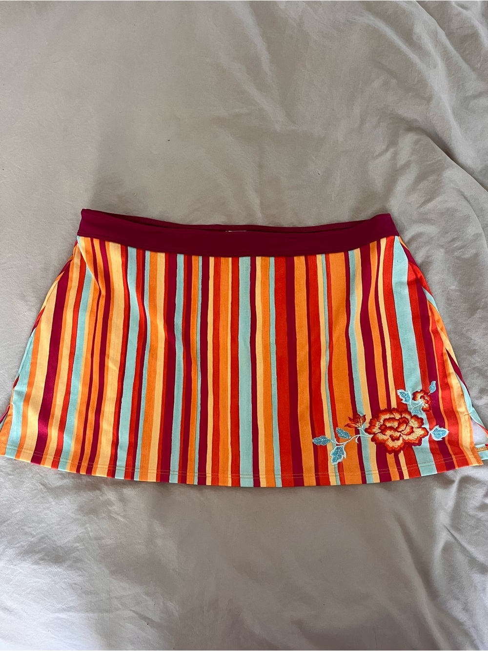 Striped Floral Embroidered Mini Skirt in Red & Orange